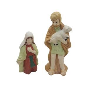 2 Vintage Nativity Replacement Figurines Mary & Shepherd Hand Painted Christmas